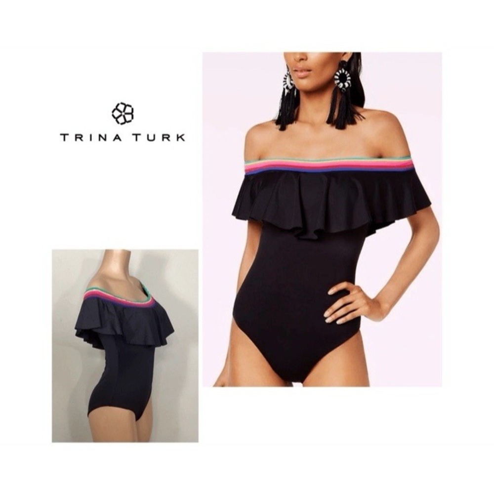 Trina Turk Swimsuit Womens 8 Off Shoulder Ruffle One Piece Vacation Beach Resort